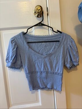 aerie Powder Blue Scoop Neck Cropped Top with Lace Trim